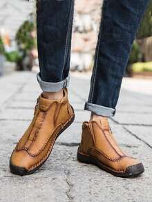 Men's Business Casual Shoes Outdoor Ankle Boots Soft Leather Comfortable Handmade Stitched Boots Flat Shoes, Autumn/Winter - Black - View 7