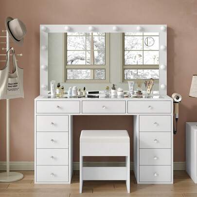 FUSOU Makeup Vanity Desk With 11 Drawers, Lighted Mirror & Power Outlet, 3 Color Modes With Adjustable Brightness, Glass Top Vanity Set For Bedroom