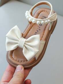 2025 New Pearl Non-Slip Soft Bottom Open Toe Girls Flat Princess Shoes With Hook And Loop, Beige