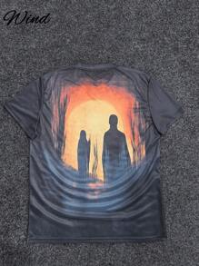 Men's Vintage Silhouette Tree Sunset Forest Scene Graphic Short Sleeve T-Shirt, Streetwear Style For Summer