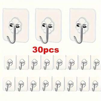 30pcs Transparent Adhesive Hooks - No Damage, Wall-Mounted Without Nails, Suitable For Frames And Tiles, Strong Fixation Compatible With Multiple Surfaces