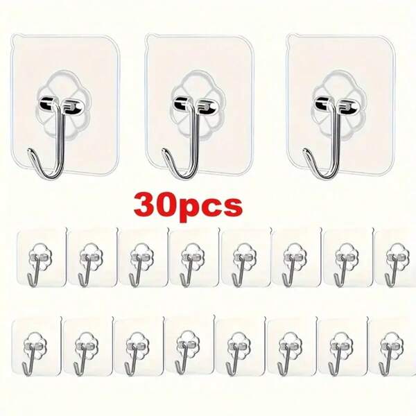 30 piezas Ganchos adhesivos transparentes - Sin daños, montados en la pared sin clavos, adecuados para marcos y azulejos, fijación fuerte compatible con múltiples superficies