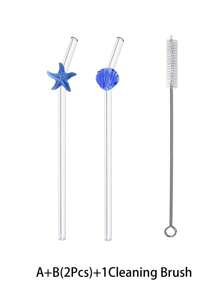 1/2/4 件可爱卡通玻璃吸管，带蓝色贝壳/海星饰物，适用于水杯，易于清洁且可重复使用的饮用吸管，适用于冷饮、奶茶、咖啡、果汁、冰沙、厨房、餐厅、鸡尾酒会、返校、送给女朋友/男朋友、父母、朋友的礼物、节日用品。 - 款式1 - 查看 9