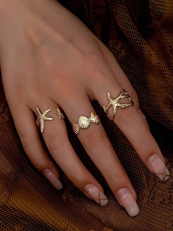 3 Pcs Summer Vacation Beach Sea Star Starfish Design Golden Color Rings Set For Women