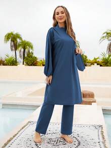 VFJ 布基尼穆斯林女士泳衣 端庄伊斯兰泳装 长袖全罩式 3 件套沙滩装 带泳帽 - 藏蓝色 - 查看 7