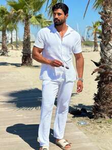 1 套男士休闲衬衫套装，纯色提花夏季 Polo 衫和休闲裤 - 白色 - 查看 1