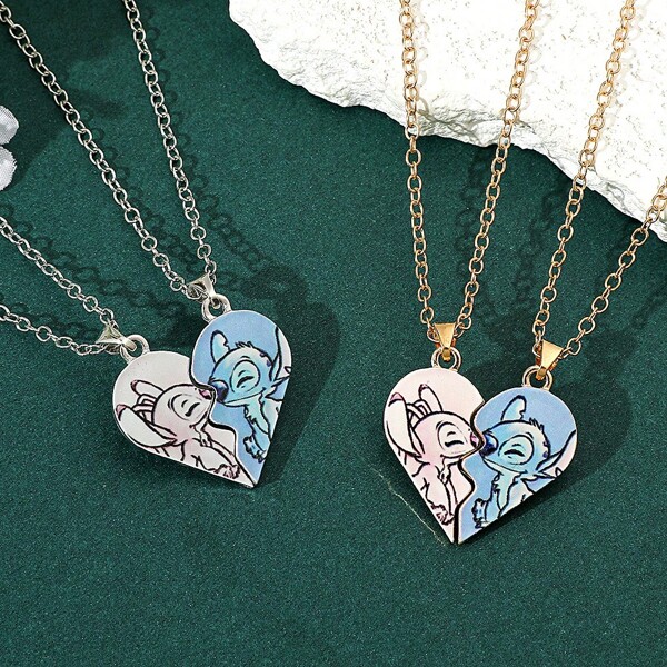 1 Stücke süße Stitch Halskette, Stitch herzförmiger Anhänger Halskette, Zinklegierung Kleinmagnet Halskette, Schmuckgeschenke für Paare und Freunde, Geburtstagsgeschenke, Partygeschenke