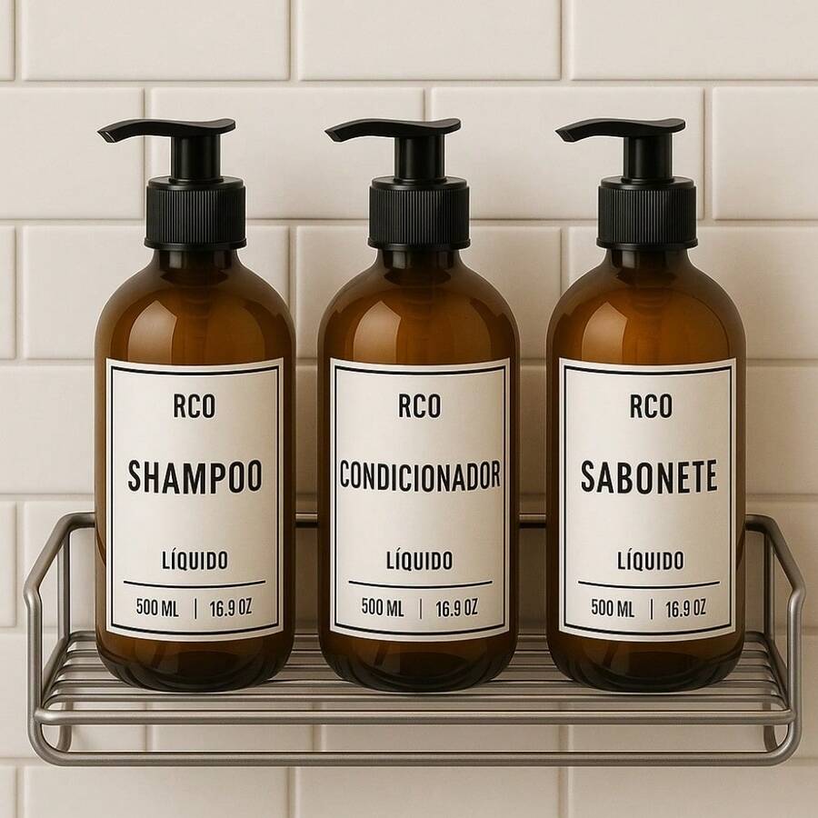 3-Piece Bath Kit - Bottles For Shampoo, Conditioner, Soap 500ml Caçula Amber/PET - trắng - Xem 1