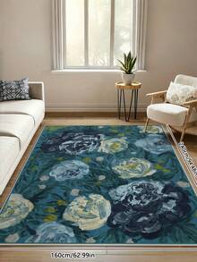1PC Blue Flower Positioning Print Living Room Area Rug Comfortable And Soft Surface 100% Polyester Waterproof And Stain-Resistant Silicone Back Non-Slip And Non-Shifting Suitable For Living Room Large Size Bedroom Home Decoration Household Items Door Outdoor Rug Mat Multiple Sizes Available Machine Washable And Easy To Care For Pet And Child Friendly Kitchen Rug