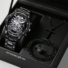 1 Set Men's Quartz Watch, Zinc Alloy Case & Chain, Round Dial, Electronic Pointer Display, Includes Pendant Necklace, Bracelet And Ring. Ideal Birthday Gift, Suitable For Daily Wear, Birthday, Party, Holiday Gathering, Perfect For Yourself Or Friends. No Packaging Box. - Black - View 3