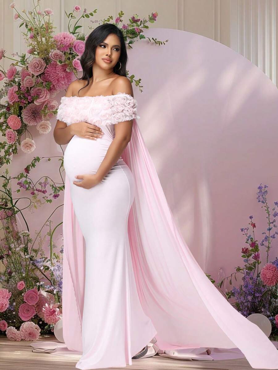 JustVH Maternity Floral Off-Shoulder Dress For Baby Shower, Mesh Cloak Maxi Women Outfit Photoshoot Prop