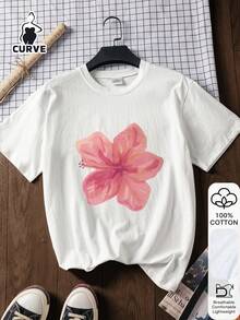 大码女式休闲印花短袖上衣，100%纯棉面料，柔软舒适，适合户外穿着，印花图案，夏季T恤，女式短袖上衣，夏季衬衫，度假装扮，旅行风格，海滩风情，简约度假风 - 白色 - 查看 1