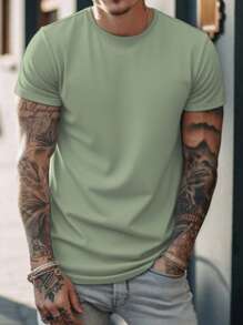 Men's Casual Solid Color Round Neck Short Sleeve T-Shirt, Suitable For Daily Leisure Wear - Mint Green - View 10