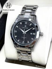 Pablo Raez 1件男士商務手錶 不鏽鋼夏季海灘配件錶 全新原裝迷人復古奢華 IPS 銀色 50M 防水 簡約日曆時鐘 SUS304實心重鋼休閒時尚石英錶 高品質夜光羅馬數字與鑽石盤面 黑色高級優雅手錶 日常使用 父親或男性朋友畢業婚禮禮物 - 均碼 - 查看 13