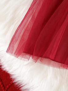Baby Girls Christmas Ruffle Snowman Snowflake Socks Print Mesh Patchwork Dress With Belt - Burgundy - View 7
