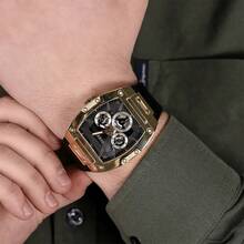 Guess 男士 Tonneau 多功能石英表 GW0202G1 黑色镂空表盘和弹性表带休闲手表适合日常商务聚会佩戴，是送给父亲男友的生日礼物 - 金色 - 查看 7