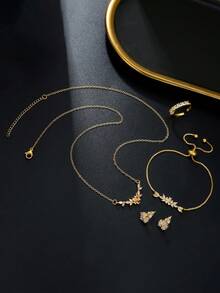 5 件/套优雅女士珠宝套装，银色方晶锆石花项链，可调节手链，耳环，戒指，不褪色礼品珠宝，订婚 - 復古銀色 - 查看 6