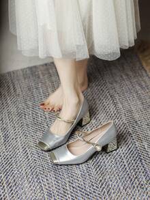 Square Toe Embroidered High Heel Pumps For Women, Chunky Heel, Versatile Slip-On Shoes - Light Grey - View 2