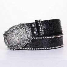 西部牛仔铆钉牛头扣腰带，花卉雕花长带适合搭配男士牛仔裤秋季、秋季、万圣节秋冬配饰，适合青少年、青年、男士、休闲、户外、运动、度假、毕业礼物、生日、日常穿着