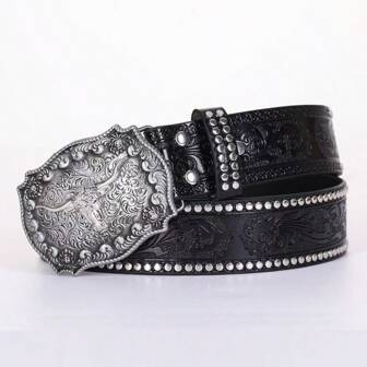 Western Cowboy Rivet Bull Head Buckle Belt, Floral Carved Long Strap Suitable For Pairing With Jeans For Men