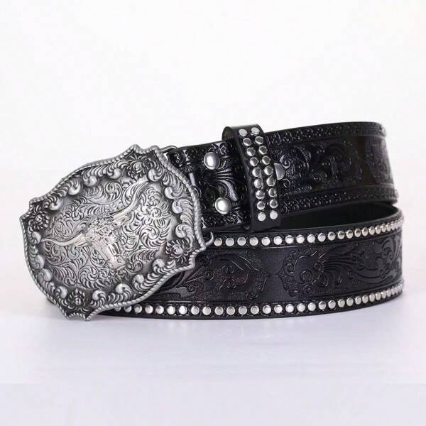 Western Cowboy Rivet Bull Head Buckle Belt, Floral Carved Long Strap Suitable For Pairing With Jeans For Men