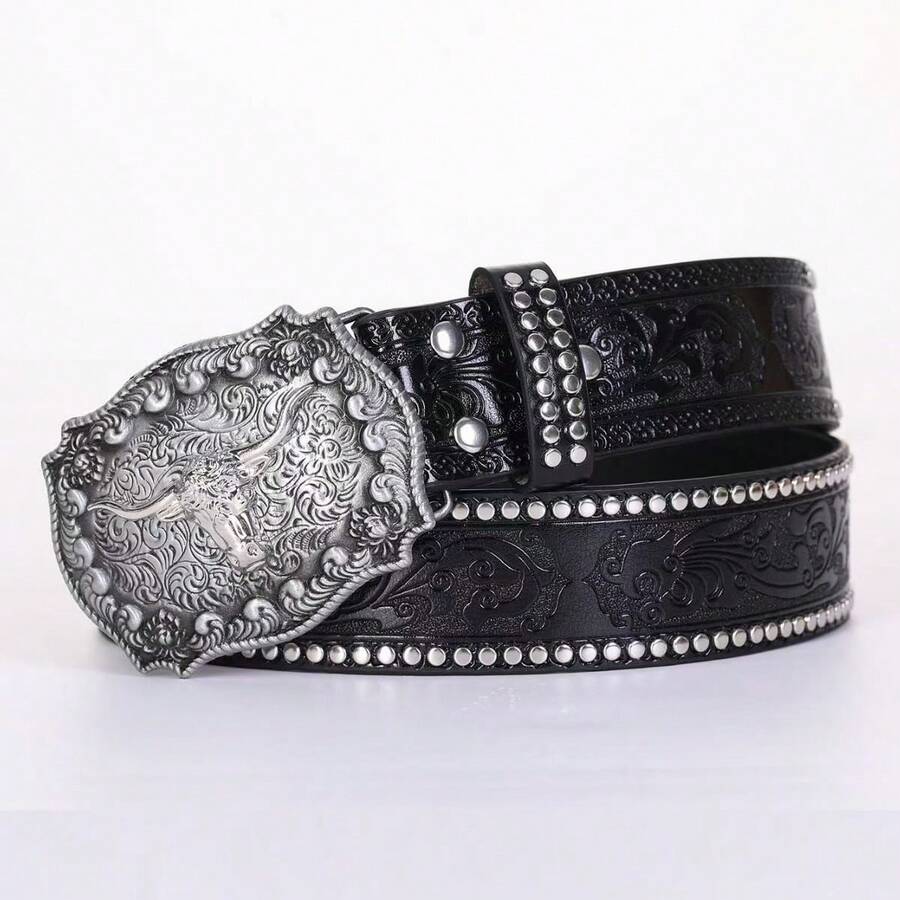西部牛仔铆钉牛头扣腰带，花卉雕花长带适合搭配男士牛仔裤秋季、秋季、万圣节秋冬配饰，适合青少年、青年、男士、休闲、户外、运动、度假、毕业礼物、生日、日常穿着