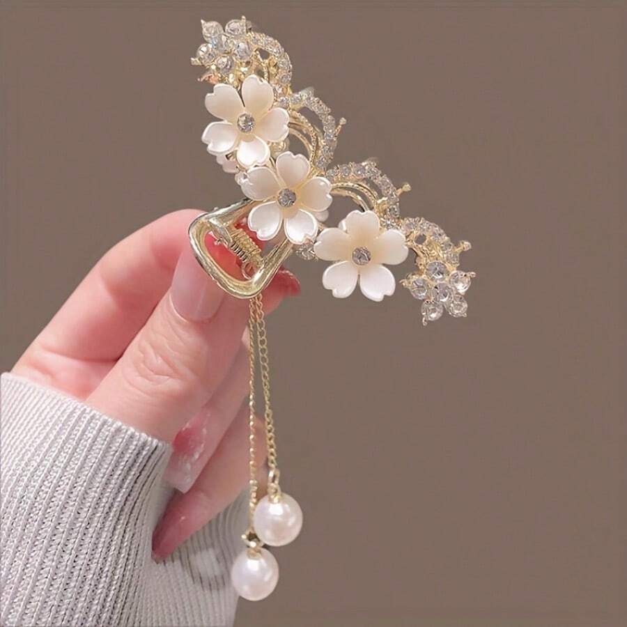 Colored Rhinestone Flower Spring Clip Korean Celebrity Style Chain Pearl Hair Accessories High-End Banquet Bridal Headdress Female Star Same Style French Clip Double-Layer Draped Pearl Tassel Design European And American Ins Style Metal Hairpin Temperament Lady Hairstyle Decoration Non-Slip Durable Gold Hairpin Japanese And Korean Popular Gentle Style Accessories Retro Baroque Style Rhinestone Clip - Vàng - Xem 1