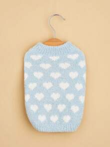 1pc Soft, Fluffy Blue, Red, Pink All-Over Heart Print Wool Sweater Vest, Warm Dog Clothing - Blue - View 4