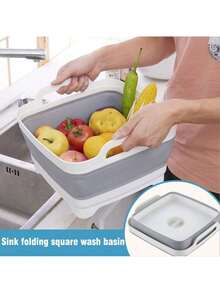 9L Collapsible Dish Basin With Drain Plug And Carry Handles, Large Capacity Washing Tub For RV Sink, Vegetable, Fruit & Food Strainer, Gray - Xám - Xem 3