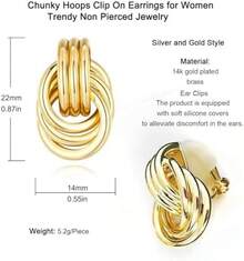 Gold Clip On Earrings Women Knot Link Chunky Non Pierced Earring 14K Gold Plated Hoops Drop Dangle Earrings Lightweight Jewelry - A-Gold - 查看 5