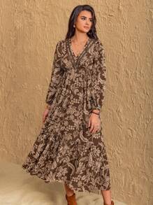 Rusttydustty Bohemian Women Plus Size Floral V-Neck Elegant Dress Casual Natural Comfortable Beach Holiday Music Festival