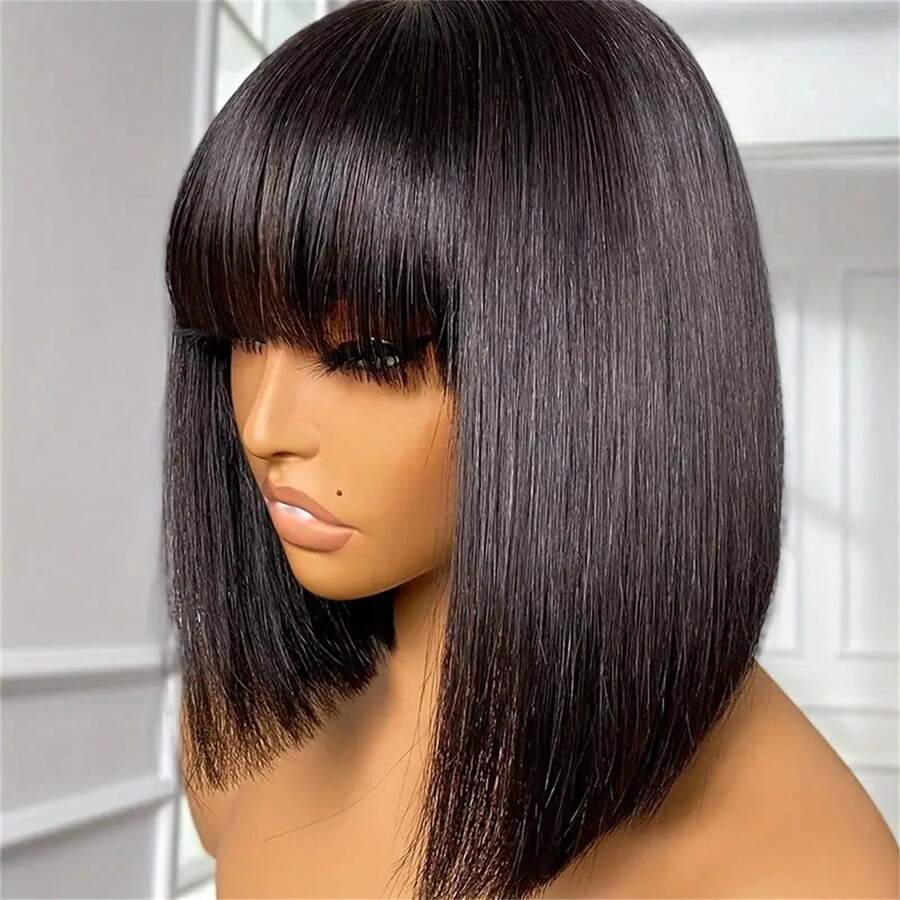 Elegant Short Bob Human Hair Wig With Bangs For Women, 200% Density, Glueless Straight Full Machine Made, Natural Black - Rose Net Cap, Comfortable & Stylish For Casual Attir - S1 - Xem 1