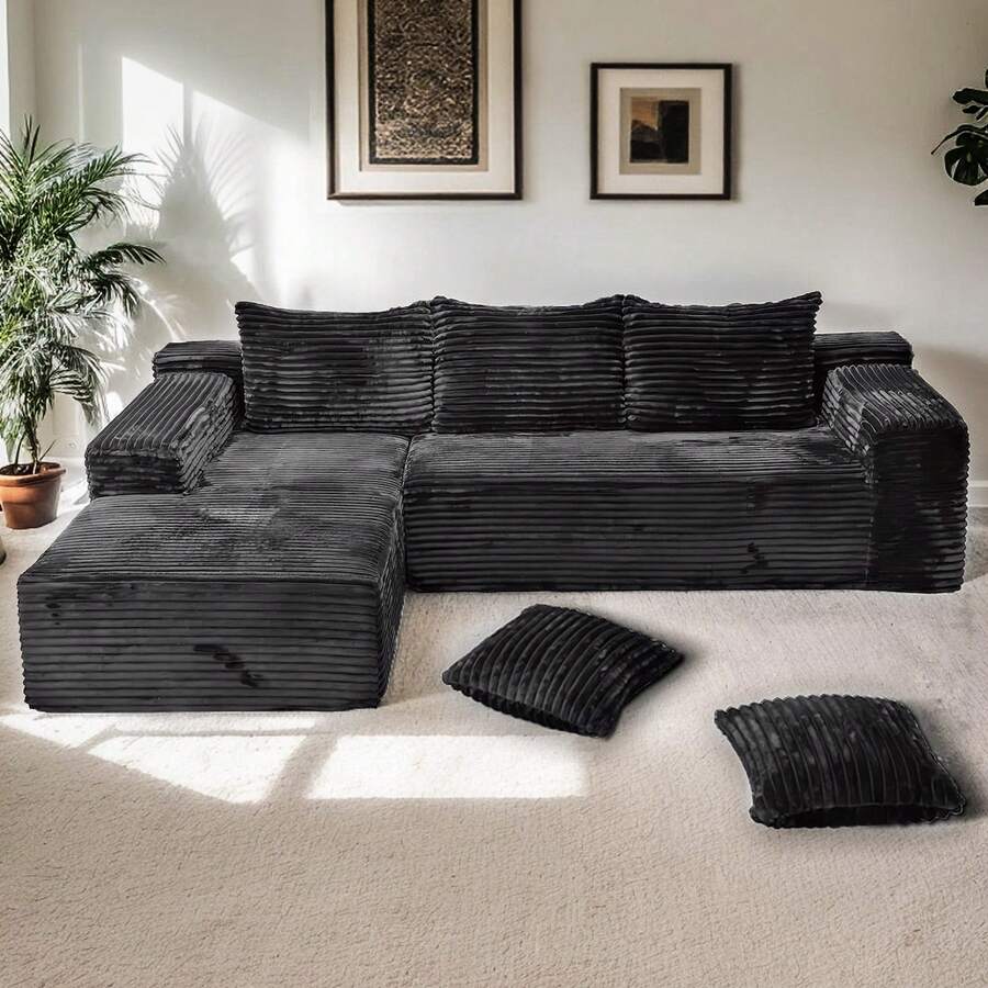 105'' Modern Minimalist Modular Cloud Sectional Sofa – Compressed L-Shape Couch With Chaise Lounge, Corduroy Fabric & High-Density Foam, No Assembly Deep Seat For Living Room (Sala), Bedroom - Màu xám đen - Xem 1