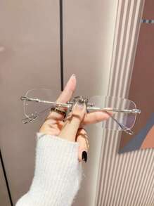 1pc Men's Classic Retro Patterned Rimless Metal Oval Frame Plain Glasses (Comes With Glasses Strap, Glasses Suitable For Reading, Decoration, Street Photography)