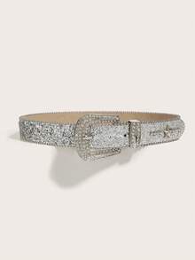 1件装水晶水钻装饰金属西部牛仔风格男士腰带，时尚街头风，夏季圣诞礼物，秋季开学季、万圣节秋冬配饰，适合青少年、青年、男士，休闲、户外、运动、度假、毕业礼物、生日、日常穿着 - 銀色 - 查看 4