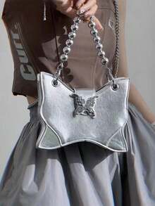 新款小众设计蝴蝶褶链条包，优质蝴蝶金属时尚百搭个性别致纹理链条斜挎包，适合办公室女士、大学生、职业女性通勤手提包 - 銀色 - 查看 3