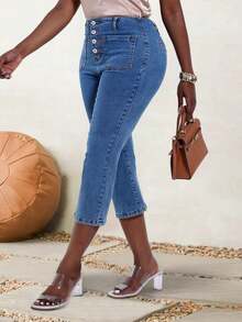 Women's High - Waist Denim Capri Pants - Button - Front, Double Pockets, Retro & Chic - Medium Wash - View 2