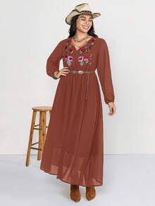 Rusttydustty Plus Size Floral Embroidery Casual Vacation Dress - Brownish Red - View 6
