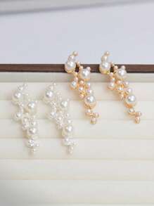 Faux Pearl Earrings, Geometric Rhinestone Inlaid Pearl Decor Alloy Earrings, Versatile Accessory