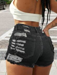 Rave Y2K 街头风高弹力斜插口袋做旧毛边牛仔短裤，修身夏季沙滩约会休闲牛仔短裤，女款