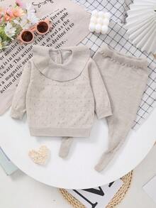 Newborn Solid Color Round Neck Ruffle Hollow Out Knitted Cardigan + Solid Color Leggings - Khaki - View 1