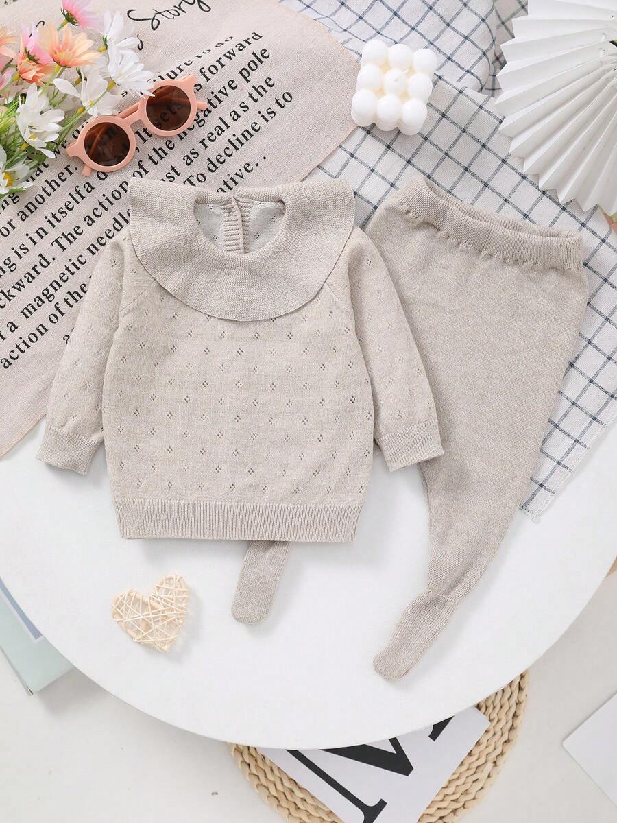 Newborn Solid Color Round Neck Ruffle Hollow Out Knitted Cardigan + Solid Color Leggings - Khaki - View 1