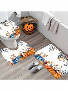 4pcs/1pc Autumn Harvest Pumpkin & Foliage Print Bathroom Curtain Set, Waterproof Shower Curtain With Hooks, Bathroom Non-Slip Mat, U-Shaped Toilet Mat, Toilet Seat Cover, Holiday Home Bathroom Decor Curtain Set