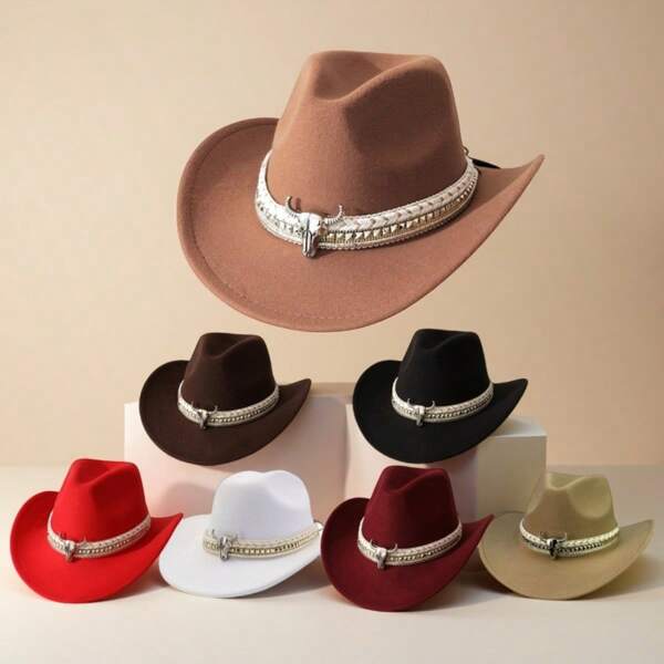 1 Sombrero de vaquero estilo occidental de mujer de poliéster, sombrero de estilo vintage, decoración redonda plateada, adecuado para uso casual diario, fiesta de vaqueros occidentales, bar de vaqueros (talla única)