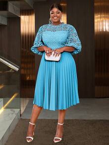 Váy xếp ly ren tay lửng khoét rỗng thanh lịch midi dự tiệc cưới, trang phục tốt nghiệp - Màu xanh lam - Xem 5