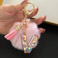 1pc Initial Letter Keychain, Cute Fluffy Ball Keyring, Bag/Backpack Charm, Car Pendant, Women Daily Gift