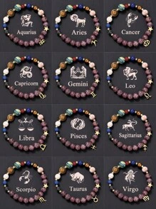 一条带有八大行星和十二星座的手链，男女通用的天然石太阳系手镯，天秤座、处女座、狮子座星座吊坠手链，情人节情侣礼物。