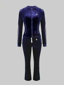 LovelyWholesale Women's Casual Stand Collar Long Sleeve Side Pocket Zipper Top And Drawstring Side Stripe Pants 2 Pieces Set Fall Clothes For Women - Navy Blue - View 3