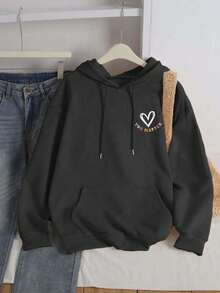 The World Is Better For You "Letter Printed Plus Size Sportswear Fall Tops Women, Women's Autumn And Winter Casual Plus Size Sweet And Gentle Temperament Slim Fit Long Sleeved Drawstring Hoodie, Suitable For Daily Wear,Fall Clothes Plus Size