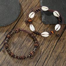 2pcs Men's Summer Holiday Natural Coconut Shell Wood Bead Shell Beaded Adjustable Anklet, Suitable For Vacation, Father's Gift Or Couples Gift